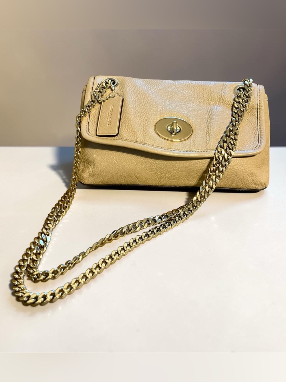 Coach Beige Pebbled Leather Turnlock Chain Bag